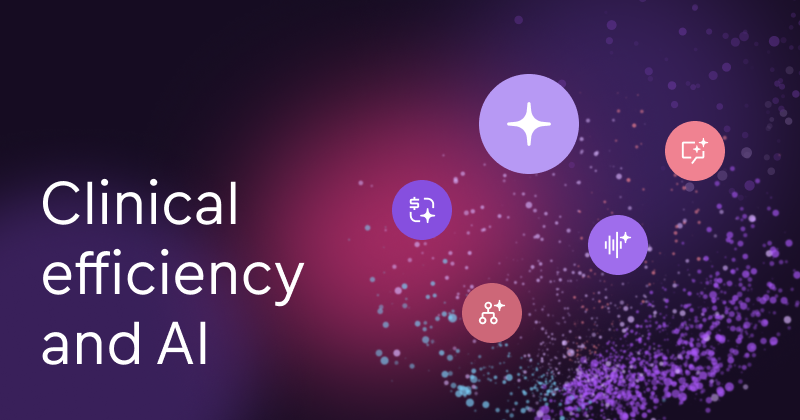 Abstract banner with a purple-to-pink gradient background. White text reads 'Clinical efficiency and AI.&rsquo; Colorful circular icons representing AI, automation, data flow, and audio float amid scattered particle-like dots, suggesting innovation and digital workflows in healthcare.