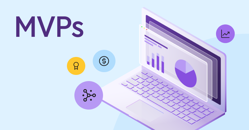 Illustration of a laptop displaying healthcare performance analytics, including bar graphs and a pie chart, with the large text &ldquo;MVPs&rdquo; on the left and surrounding icons representing quality measures, cost savings, and data connectivity&mdash;symbolizing MIPS Value Pathways reporting and performance tracking.