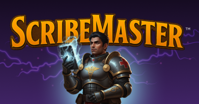 A knight holding an electrified tablet. The word ScribeMaster appears behind him.