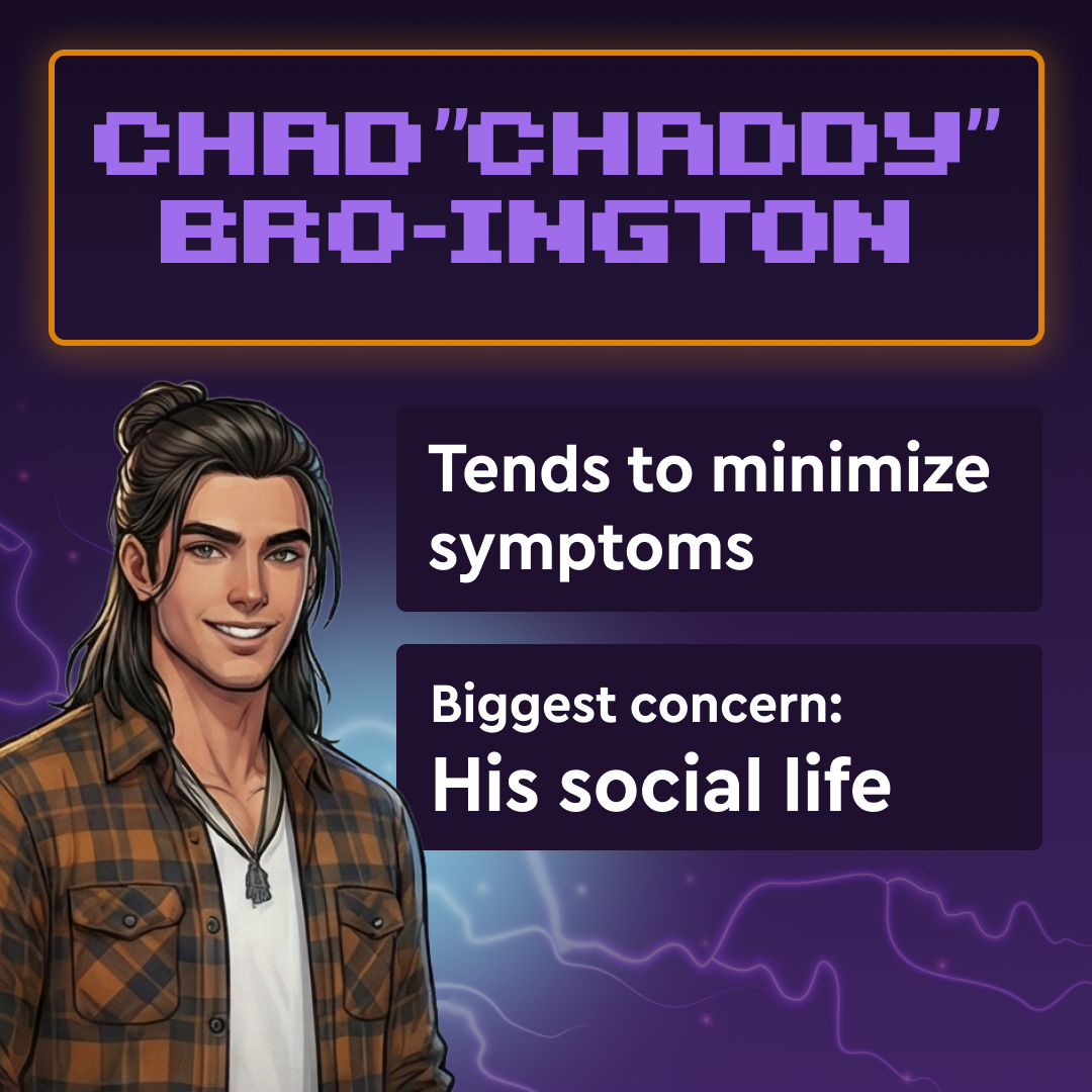 An image of Chad "Chaddy" Bro-ington. An illustration of an AI patient wearing a plaid shirt and ponytail. It says on the image that he tends to minimize symptoms. His biggest concern: his social life.