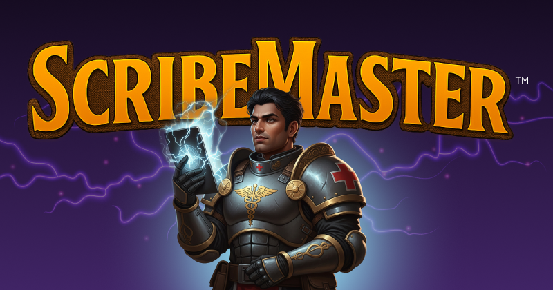 A knight holding an electrified tablet. The word ScribeMaster appears behind him.