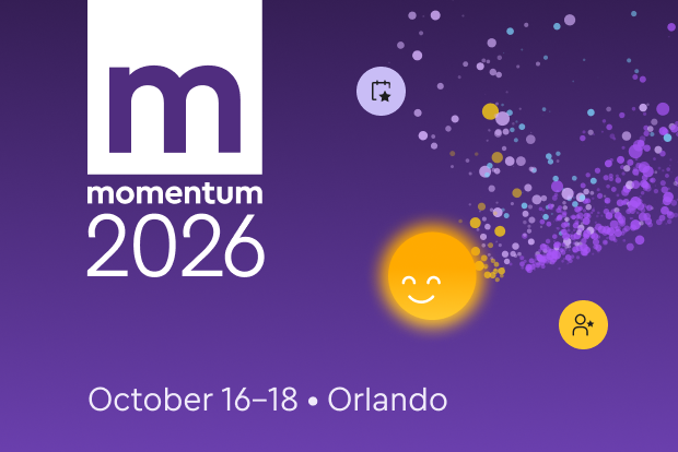 Momentum 2026 conference banner with text: October 16-18 Orlando. Features momentum logo and smiling sun.
