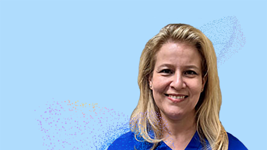 A portrait of Diane Levin, BA, RN, BSN, LNC smiling against a light blue background with abstract digital grain effects.