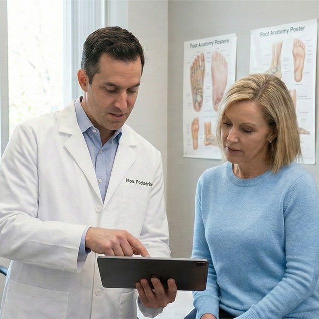 A male podiatrist and a female patient in a clinical setting looking at a tablet together. The doctor is pointing at the screen, and foot anatomy posters are visible on the wall behind them.
