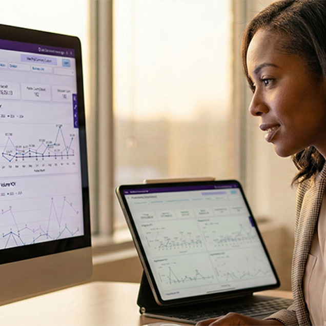 A close-up of a healthcare professional in profile, focused on a computer monitor and a tablet displaying financial performance dashboards with various line charts and data analytics.