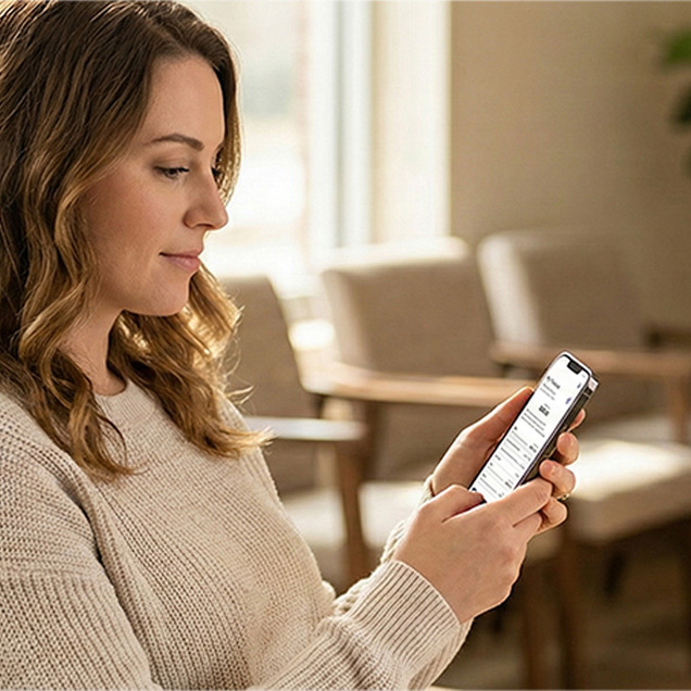 A side view of a woman sitting in a medical office waiting room, looking at a medical billing and finance app on her smartphone.