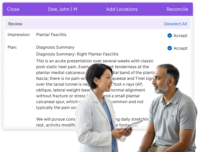Un médico sostiene una tableta y explica a un paciente el plan de tratamiento para la fascitis plantar, con una interfaz de la historia clínica electrónica abierta de fondo.
