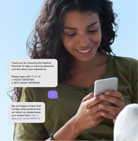 A woman receives a text asking her how her latest doctor visit was.