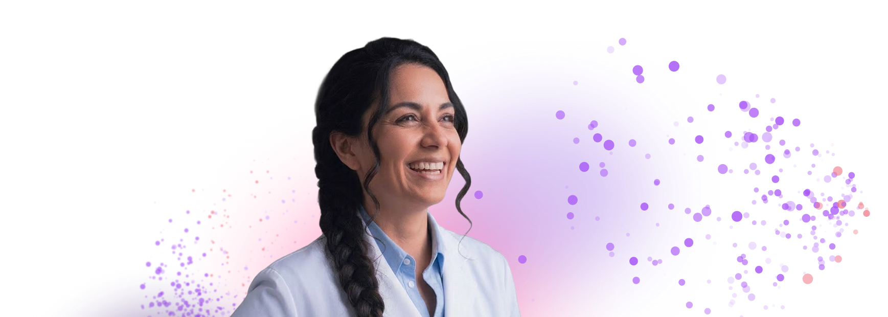 Un banner de color morado claro muestra a un médico sonriente y un icono naranja brillante del asistente de IA con un bocadillo que dice: ¿Listo para ver de lo que soy capaz?"." 