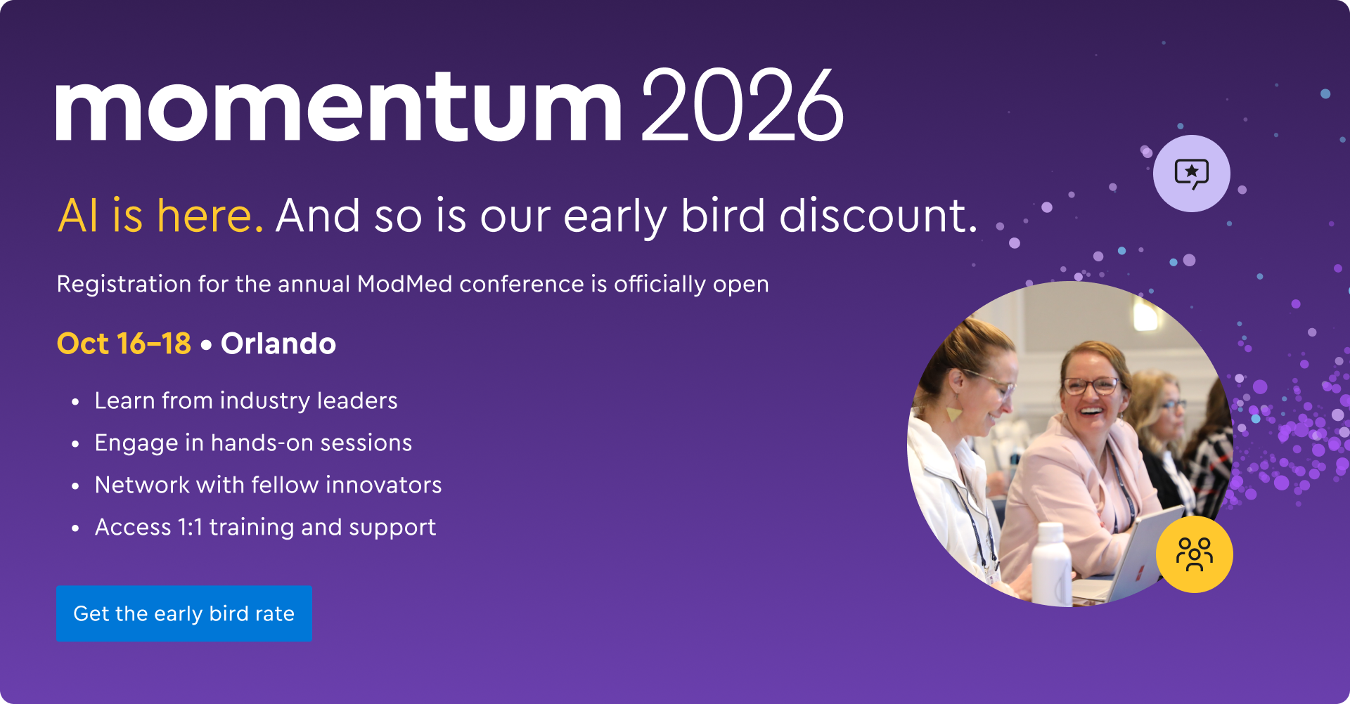 Momentum 2025 ModMed conference promo—less than 50% of tickets left. Register now.