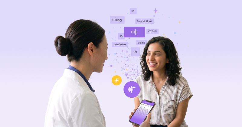 A doctor speaks to her patient as ModMed Scribe captures the visit via iPhone.