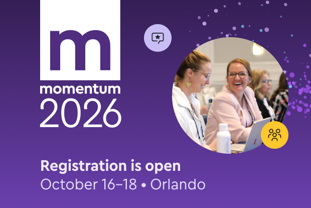 Momentum 2026 conference banner with text: October 16-18 Orlando. Features momentum logo and smiling sun.