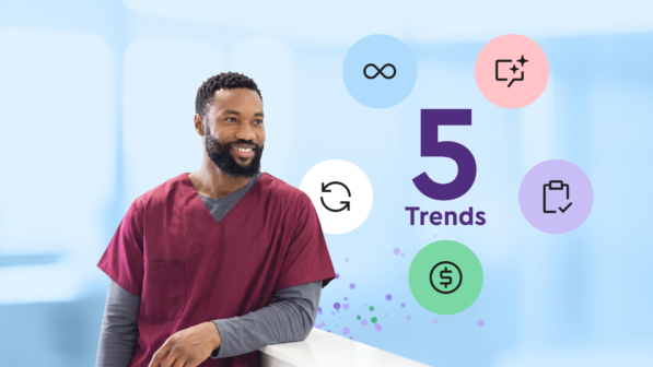 Smiling man leaning on desk next to text reading "5 Trends"
