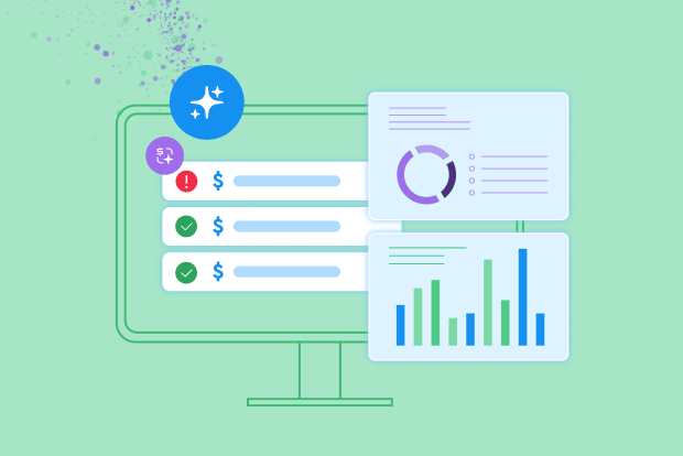 Illustration of a financial dashboard with charts and transaction data.