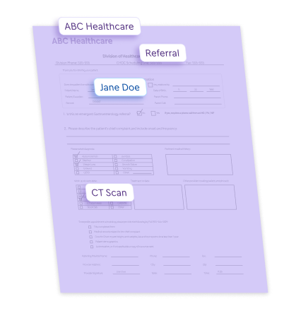 Un formulario de derivación médica de color morado y de estilo estilizado para ABC Healthcare, con recuadros flotantes que resaltan las secciones clave: «ABC Healthcare», «Derivación», el nombre de la paciente «Jane Doe» y una casilla de selección para «Tomografía computarizada».