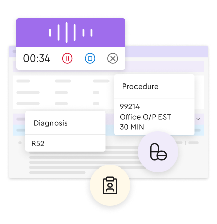 Una interfaz de usuario en la que, a los 34 segundos, aparece un widget de grabación de audio activo, que flota sobre una historia clínica con tarjetas emergentes correspondientes al diagnóstico R52 y a una intervención en consulta de 30 minutos.