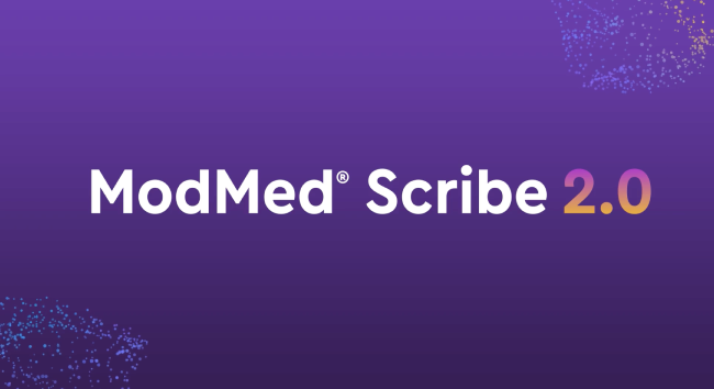 Un gráfico promocional sobre un fondo con un degradado de color morado oscuro en el que aparece el texto «ModMed® Scribe 2.0» en el centro. La palabra «ModMed Scribe» es de color blanco, mientras que el «2.0» presenta un degradado brillante que va del rosa al naranja. En las esquinas superior derecha e inferior izquierda aparecen grupos abstractos de partículas digitales brillantes de color azul, morado y dorado.