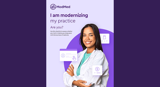 Un gráfico promocional de ModMed en el que aparece una profesional sanitaria sonriente, con bata blanca y los brazos cruzados, sobre un fondo morado. El texto dice: «Estoy modernizando mi consulta. ¿Y tú? Utiliza esta lista de comprobación para evaluar si tu tecnología te está ayudando a mantenerte al día en el ámbito de la medicina». A su alrededor hay iconos digitales flotantes que representan la comunicación móvil, la interacción con los pacientes y la facturación.