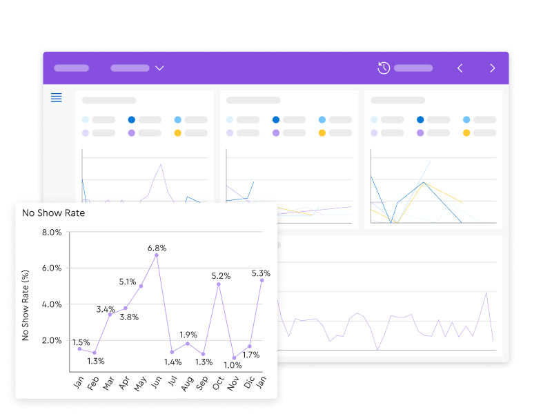 An illustration of a data analytics dashboard interface. In the foreground, a detailed line graph titled 'No Show Rate' displays monthly percentages over a year, highlighting a peak of 6.8% in June and another spike of 5.2% in October. The background features a broader view of the application with several abstract line charts and data visualization panels.
