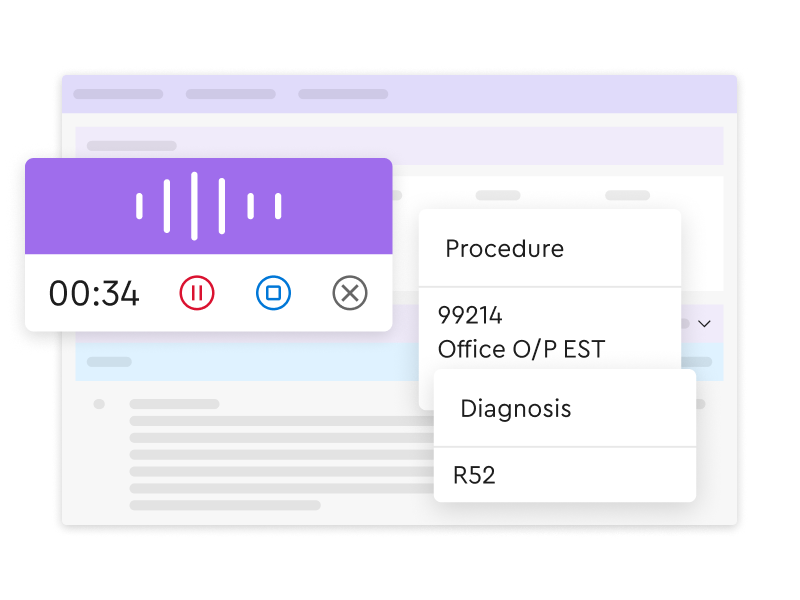 An illustration of a medical software interface featuring an active voice recording widget displaying 34 seconds with pause and stop buttons. Alongside it are floating menus listing a procedure code '99214 Office O/P EST' and a diagnosis code 'R52', all overlaid on a simplified, abstract background application window.
