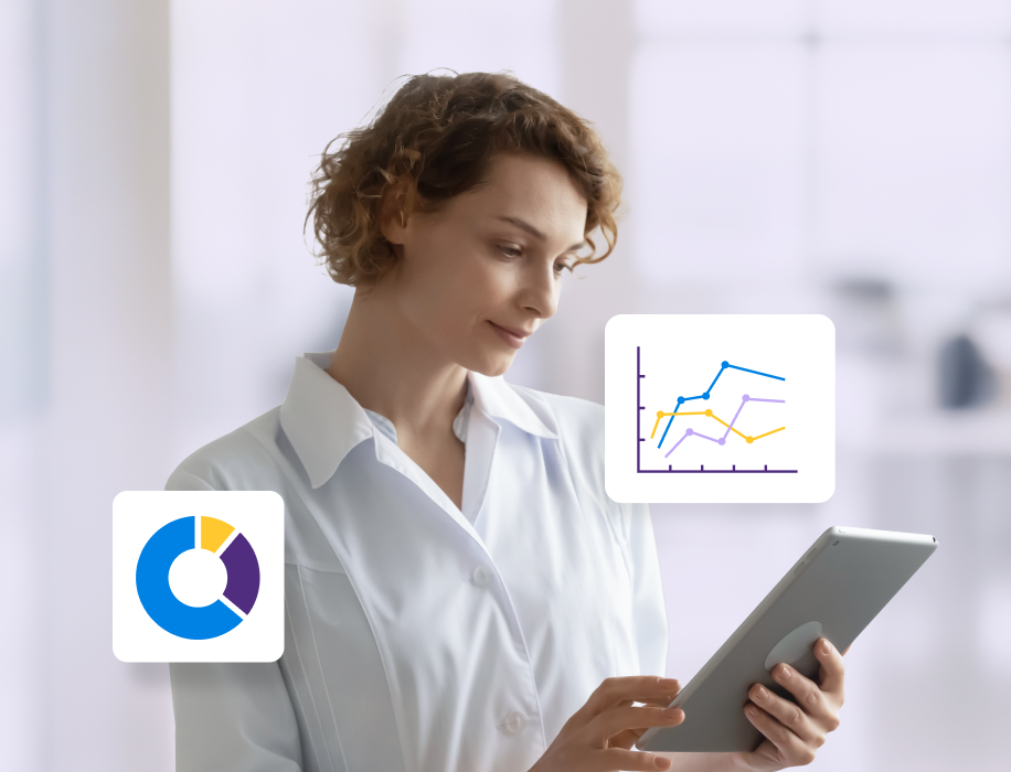 A female healthcare professional in a white coat smiling while using a tablet, surrounded by floating digital data visualizations including a donut chart and a line graph.