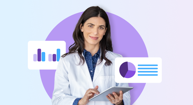 A smiling female healthcare professional in a white lab coat holds and uses a digital tablet. She is positioned in front of a large purple circle against a soft, light gradient background. Floating on either side of her are abstract data visualization icons: a bar chart on the left and a pie chart with horizontal lines on the right.