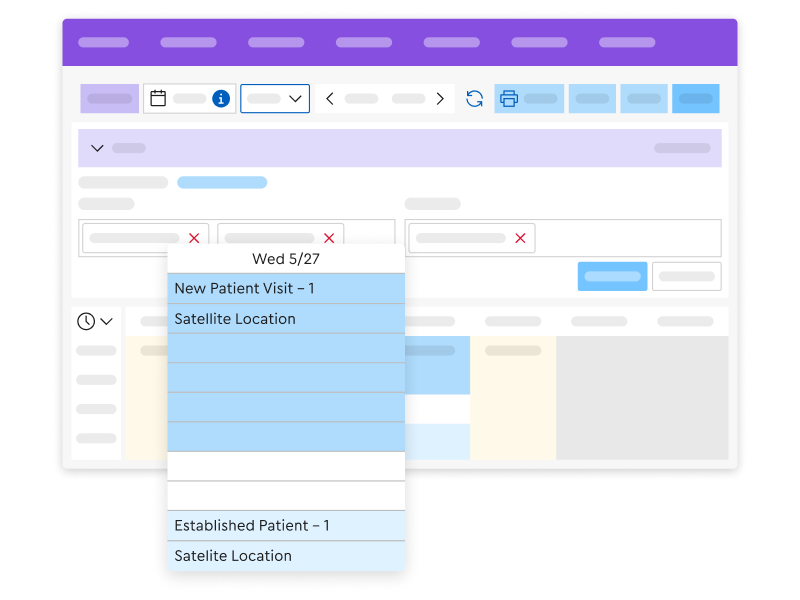 An illustration of a practice management software scheduling interface. It displays an abstract calendar grid with a prominent dropdown menu detailing a daily schedule for Wednesday, May 27th. The menu highlights blue blocks of time scheduled for a 'New Patient Visit - 1' and an 'Established Patient - 1', both designated at a 'Satellite Location'.