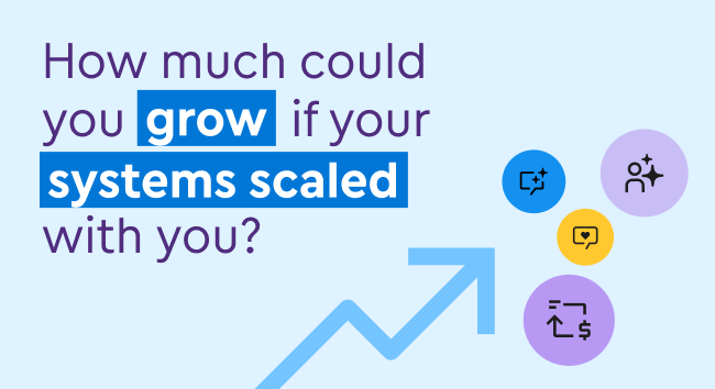 A graphic with the text 'How much could you grow if your systems scaled with you?', where the words 'grow' and 'systems scaled' are highlighted with blue rectangular backgrounds. A light blue, upward-trending line chart arrow points toward four circular icons representing communication, user engagement, positive feedback, and financial transactions.