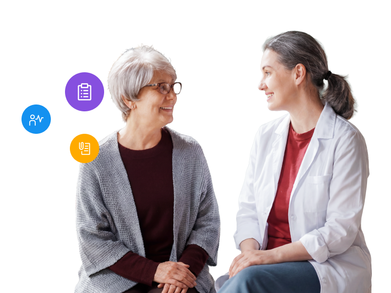 A female healthcare professional in a white coat smiling and talking with an older female patient, accompanied by floating colorful icons representing patient health data, a checklist, and a document.