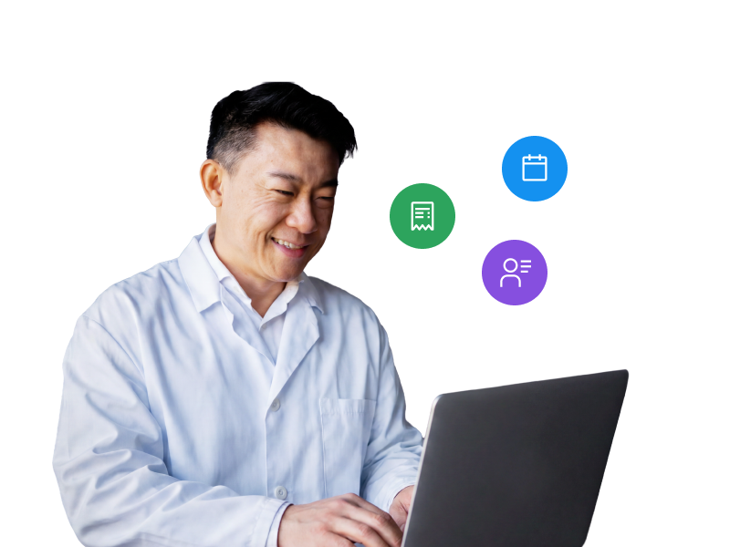 A smiling healthcare professional in a white coat working on a laptop, with floating colorful icons representing a document, a calendar, and a user profile.