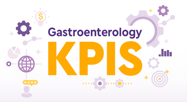A stylized graphic displaying the text 'Gastroenterology KPIs' in purple and yellow, surrounded by various light purple and yellow business analytics icons such as gears, charts, a globe, and a target.