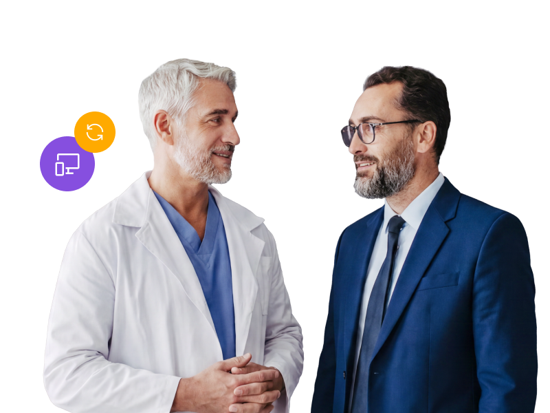 A healthcare professional in a white coat conversing with a professional in a blue suit, accompanied by floating colorful icons representing device synchronization and computer screens.