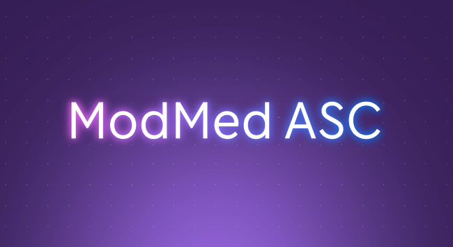 Glowing neon text that reads 'ModMed ASC' centered on a dark purple background with a subtle dot grid.