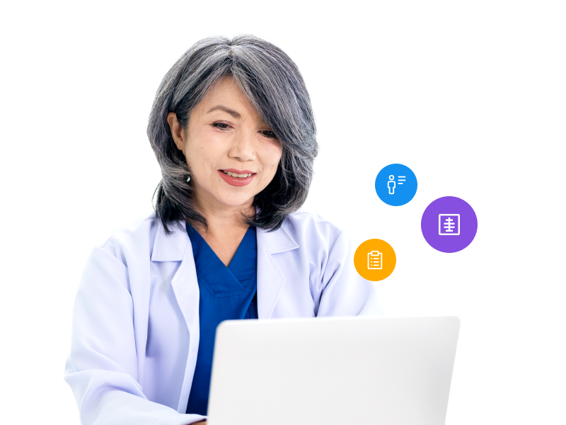 A smiling female healthcare professional in a white coat and blue scrubs working on a laptop, accompanied by floating colorful icons representing a user profile, a medical X-ray, and a clinical clipboard.