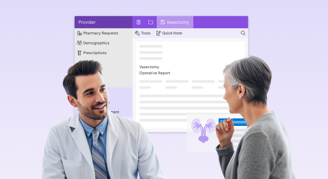 A smiling male doctor in a white coat consults with a female patient, set against a background of a digital medical interface displaying a Vasectomy Operative Report and a urological anatomy diagram.