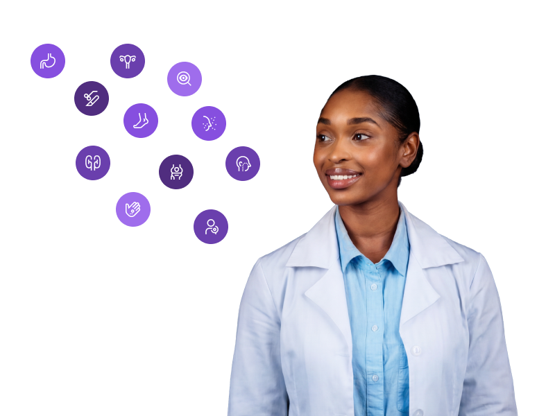 A smiling female healthcare professional in a white coat looking at a cluster of floating purple icons that represent various medical specialties.