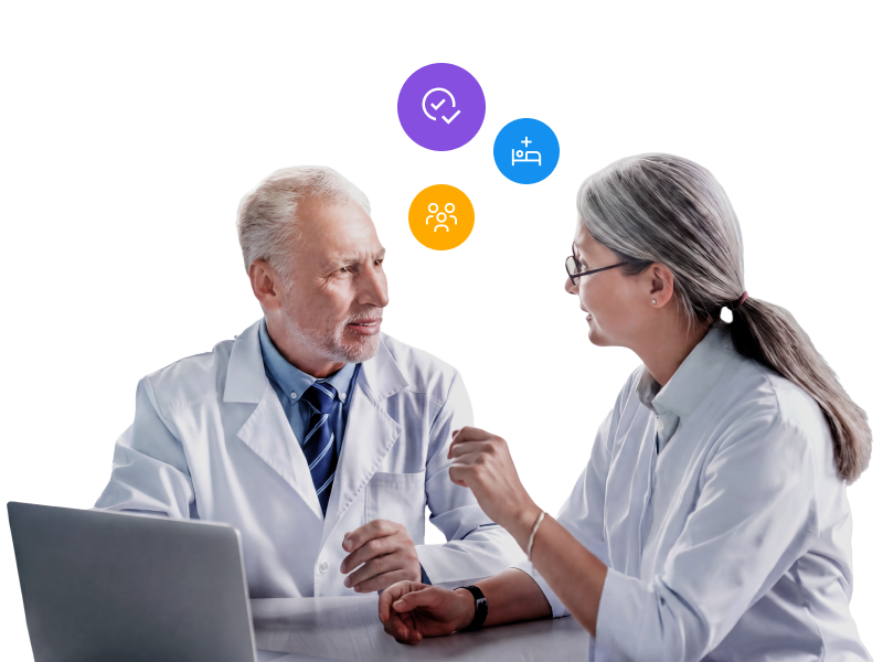Two senior healthcare professionals in white coats having a discussion over a laptop, accompanied by floating colorful icons representing task completion, a hospital bed, and a group of people.
