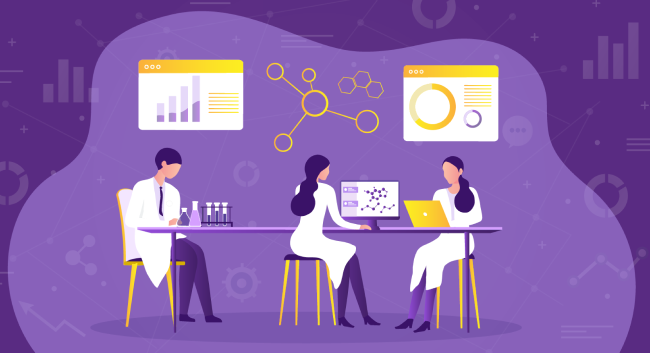 A stylized illustration on a purple background showing three scientists in white coats working at a long table with lab equipment and computers, surrounded by floating digital bar charts, pie charts, and molecular networks.