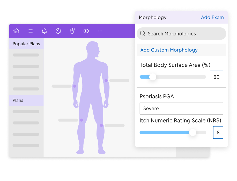 A medical software user interface displaying a human body outline with selectable points for logging symptoms. A right-hand panel titled 'Morphology' includes a search bar, a 'Total Body Surface Area' slider set to 20%, a 'Psoriasis PGA' field set to Severe, and an 'Itch Numeric Rating Scale' slider set to 8.