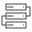 A simple black and white line icon depicting three stacked computer server racks connected by a network line, representing a database or structured data.