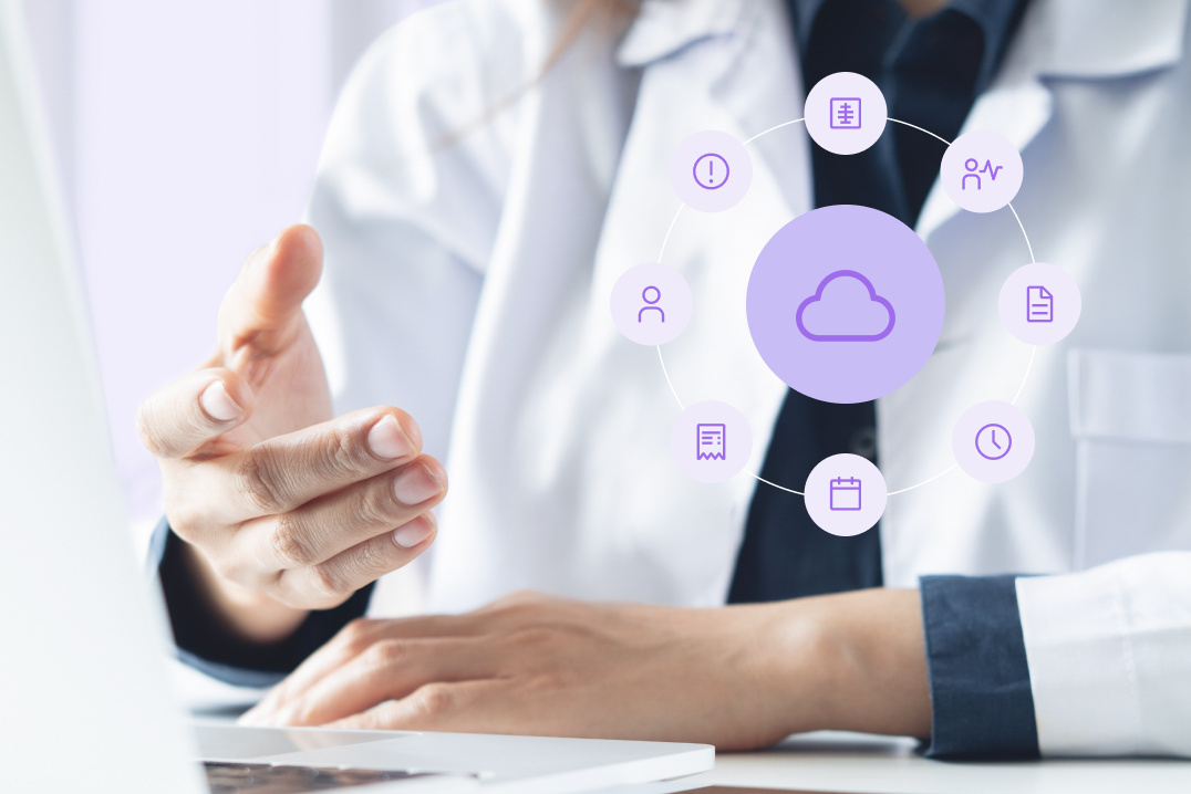 A healthcare professional in a white coat gestures toward a laptop, with a stylized overlay featuring a central purple cloud icon surrounded by a circular network of smaller administrative and medical icons.