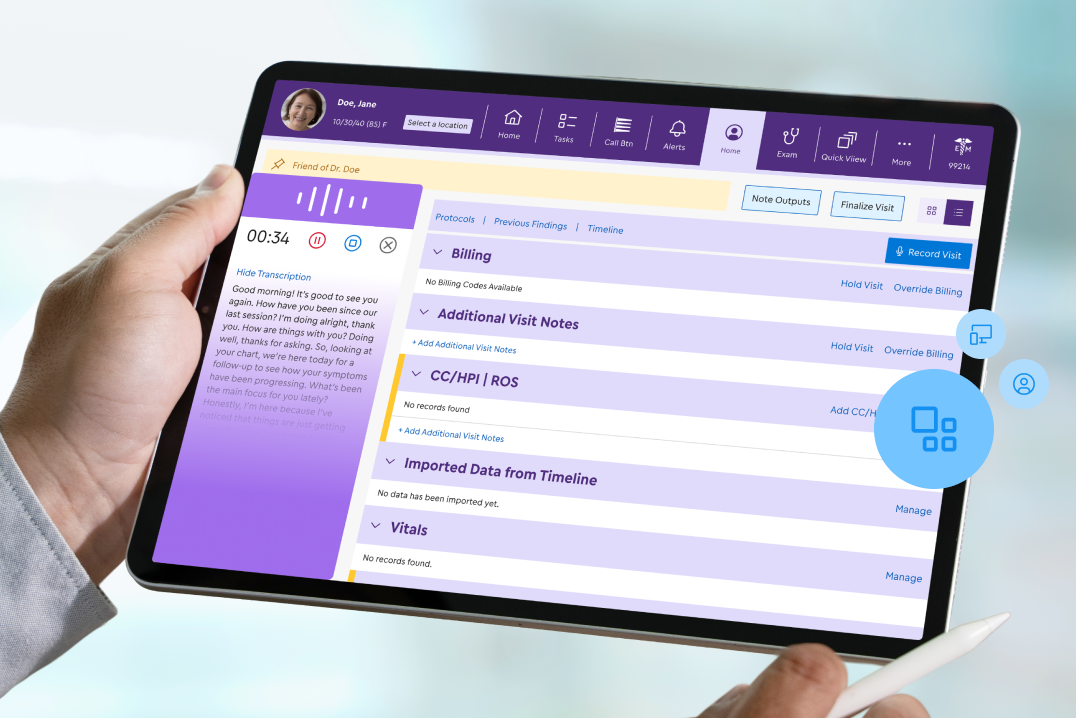 A person holding a tablet and a stylus, displaying a medical application interface for patient Jane Doe that includes an active audio recording, live transcription, and clinical chart sections like Billing and Vitals.