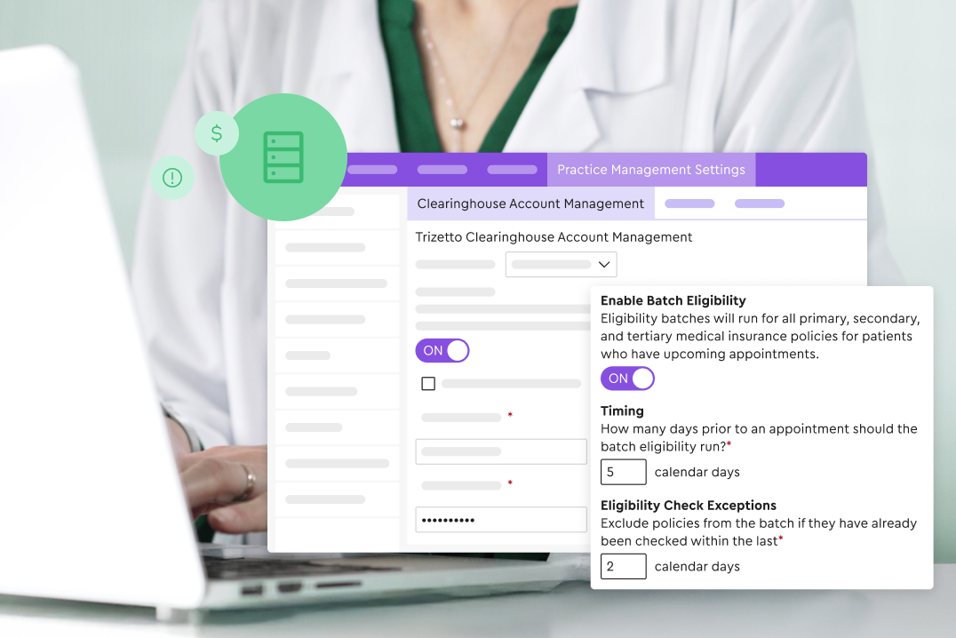 A healthcare professional working on a laptop, overlaid with a digital interface for Trizetto Clearinghouse Account Management that shows toggles and settings for Enable Batch Eligibility.