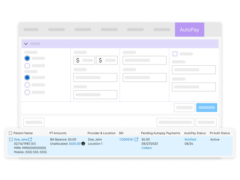Maqueta de la interfaz digital de una aplicación de facturación médica con la pestaña «AutoPay» seleccionada. Muestra campos de configuración abstractos en la parte superior y una tabla detallada con los datos del paciente en la parte inferior, en la que destaca el registro de Jane Doe con un importe sin asignar de 450,00 $ y un estado de autorización del paciente activo.