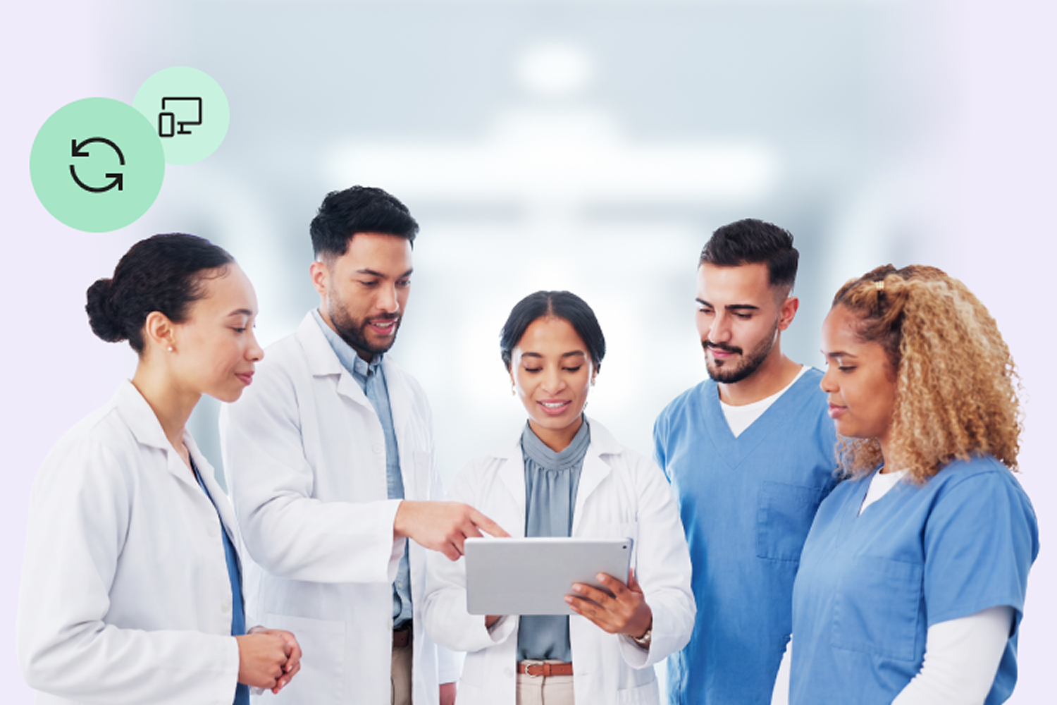 A group of five diverse healthcare professionals in white coats and blue scrubs collaborating around a tablet, accompanied by floating green icons representing synchronization and digital devices.