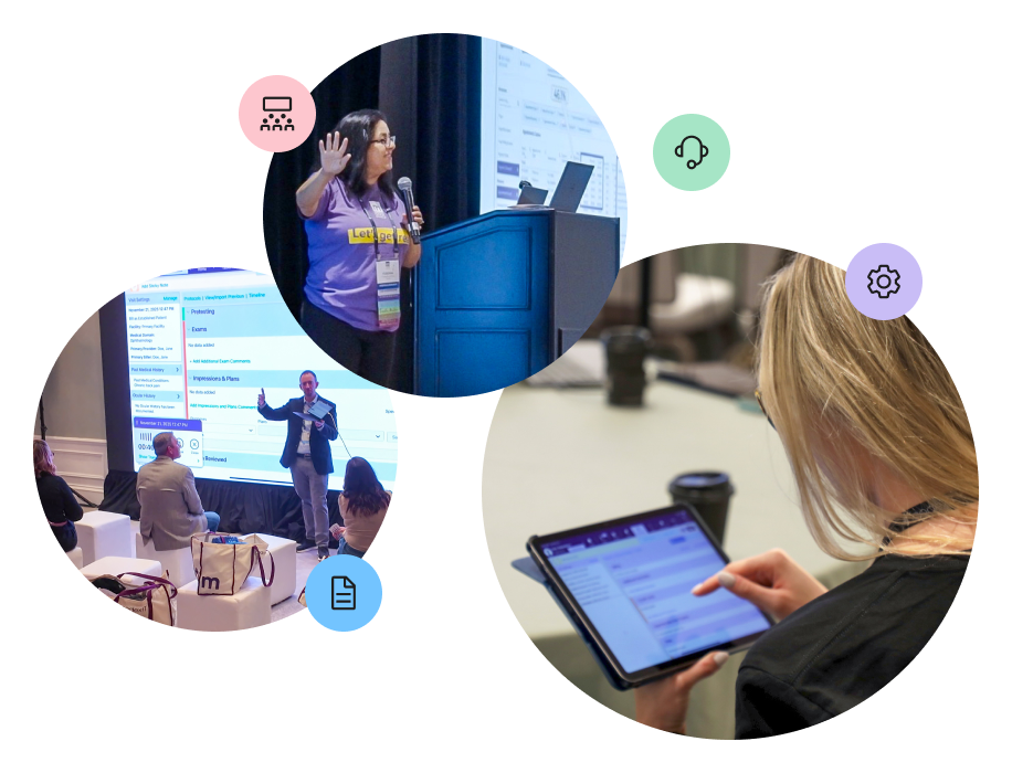 A collage of three circular photos on a black background illustrating training scenarios: a woman speaking into a microphone at a podium, a man presenting a software interface on a large screen to an audience, and an over-the-shoulder view of a woman using a tablet. The photos are accompanied by floating colorful icons representing a classroom, a document, customer support, and settings.