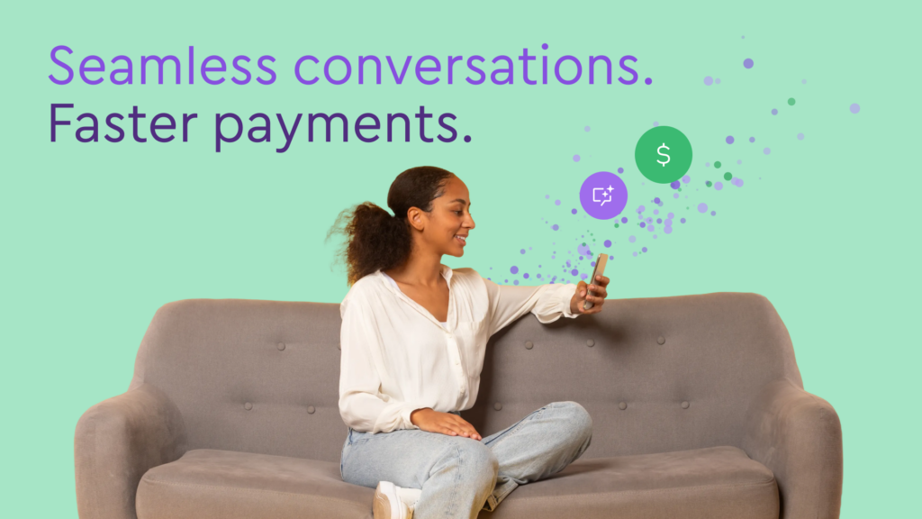A patient looks at her phone, which she can use to communicate with her doctor's office, pay her balance, and more.