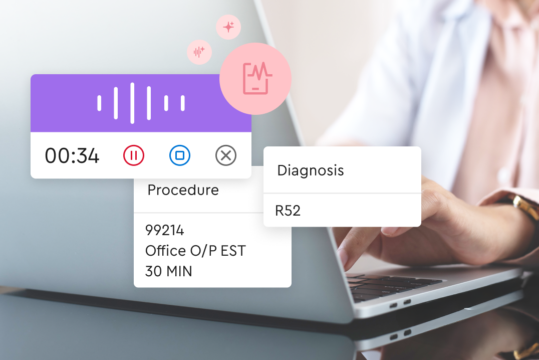 Hands typing on a laptop with floating graphics of an audio recording widget and medical coding menus