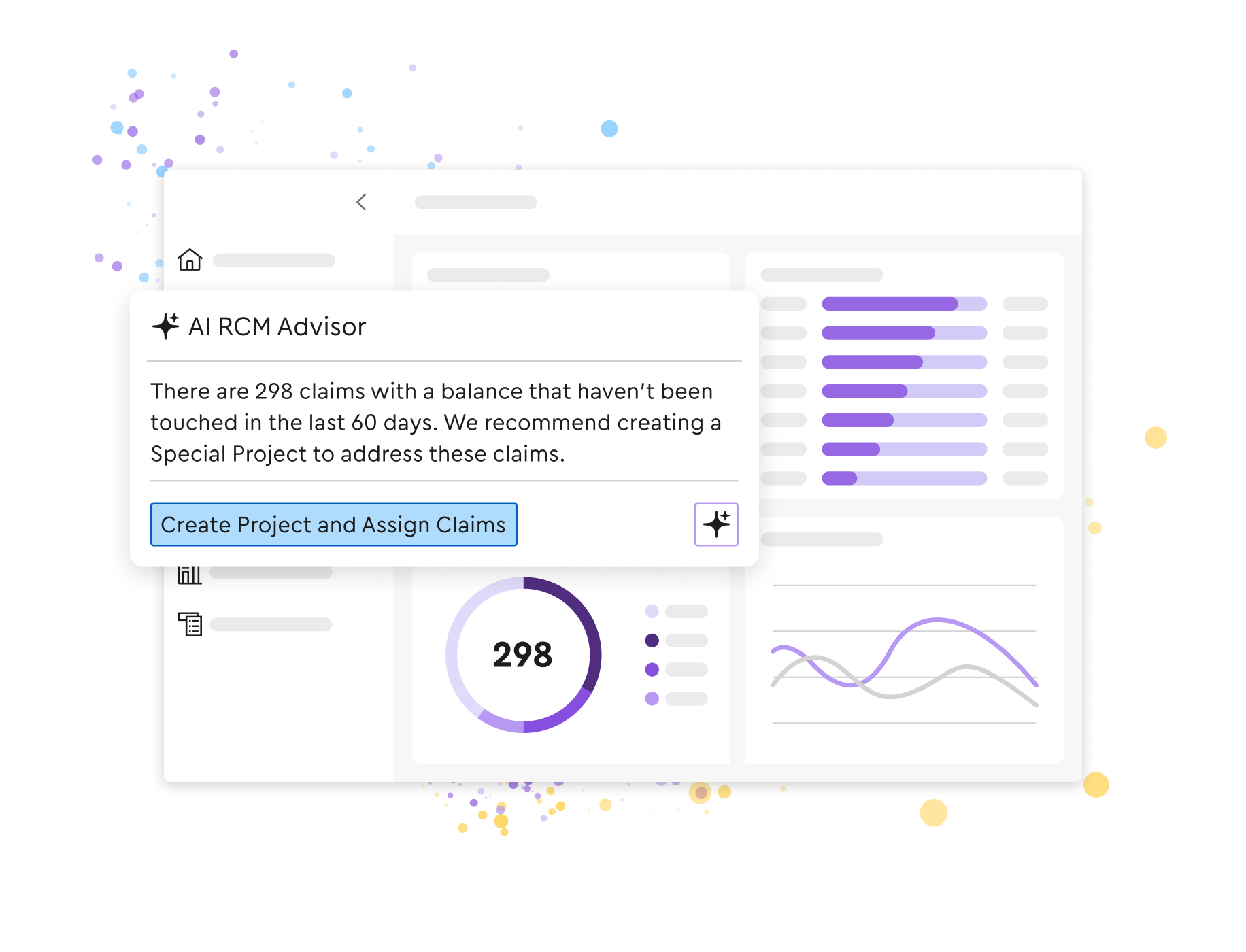 A dashboard interface featuring an AI RCM Advisor pop-up that recommends creating a Special Project to address 298 untouched claims.