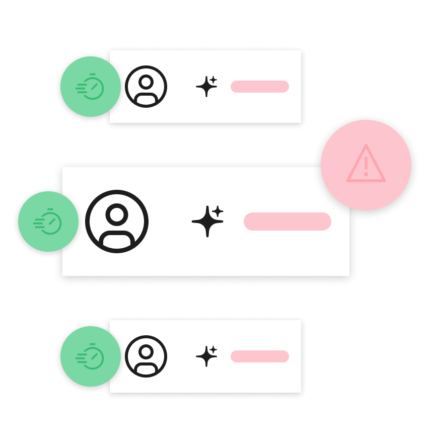 A graphic showing three stacked user profile cards, each with a green timer icon and an AI sparkle symbol. The middle card is enlarged and flagged with a prominent pink warning alert icon.